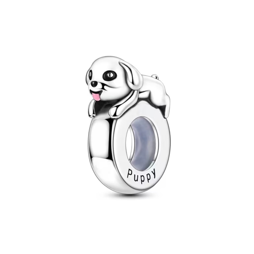 Sterling Silver Puppy Dog Laying on Charm Loop with Tongue Sticking Out.